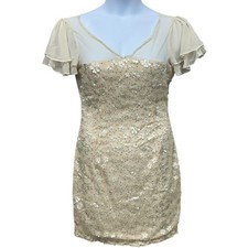 GiGi Generation Dress Juniors XL Beige Sequin Floral Stretch Mini Sheer Sleeves