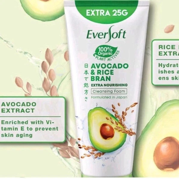 Eversoft Face Wash Facial Cleanser 100% Organic Avocado & Rice Bran Oil 195g - Image 2 of 4