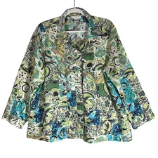 Citron Santa Monica 100% Linen Floral Bird Print Blouse 1X Jacket Button Front