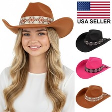 C.C Women's Southwest Aztec Pattern Trim Band Vegan Felt Cowboy Sun Hat