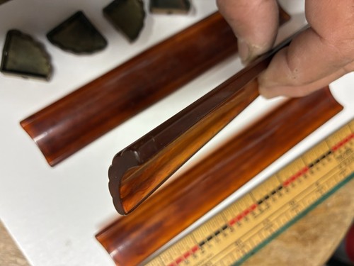 30s Art Deco Waterfall Drawer Pulls Handles set 3 Brass Amber Bakelite Celluloid - Picture 6 of 13