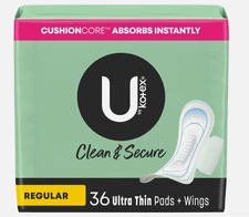 U by Kotex Clean & Secure Ultra Thin Pads with Wings,Regular Absorbency,36 Count