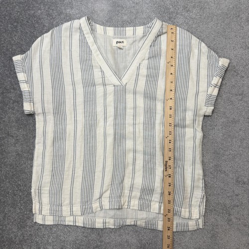 Pact Shirt Womens XS/S Cream Blue Striped V Neck Short Sleeve Organic Cotton - Picture 6 of 7