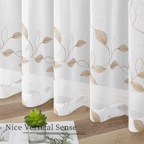 Taupe Leaf Sheer Curtains Leaves Embroidered Bedroom Short Curtain Rod Pocket - Picture 4 of 7