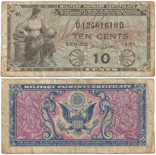 1951-1954 UNITED STATES Military Payment Certificate "TEN CENT" NOTE Series 481