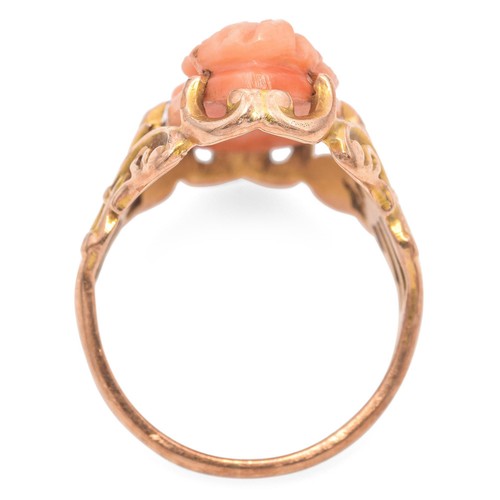 Antique 10K Yellow Gold Carved Coral Cameo Cocktail Ring - Picture 7 of 7