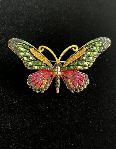 Broche Pin Mariposa Vintage Multicolor Estrás Rosa Verde Amarillo Tono Oro - Imagen 2 de 8