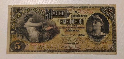 Raro Billete de 5 Pesos del Banco Nacional de México 1895 Moneda Mexicana Antigua
