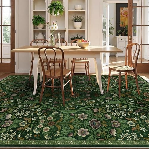 5×7 Dark Green Washable Floral Area Rug,Vintage Boho Soft Low-Pile Living Room - Picture 4 of 6