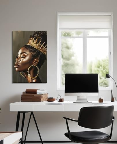 Frauen Leinwand Wandbild Schwarz und Gold Königin Bild Afrikanisch 18L" x 12B" Kunst-7 - Bild 4 von 6