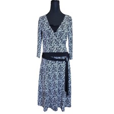 VTG Maurices Wrap Dress Black White Geometric Print 3/4 Sleeve USA Made Retro S