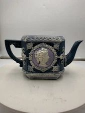 Antique Schafer Vater Miniature Blue Jasperware Cameo Pitcher or Creamer White