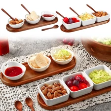 2 Sets Ceramic Chip and Dip Serving with Acacia Wood Tray and Spoons Serving ...