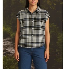 Roots Women's Boxy Lightweight Plaid Button Up Top- Size XS