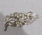 Vintage Trifari Faux Pearl Leaf Brooch – Silver Tone Mid Century Costume Jewelry