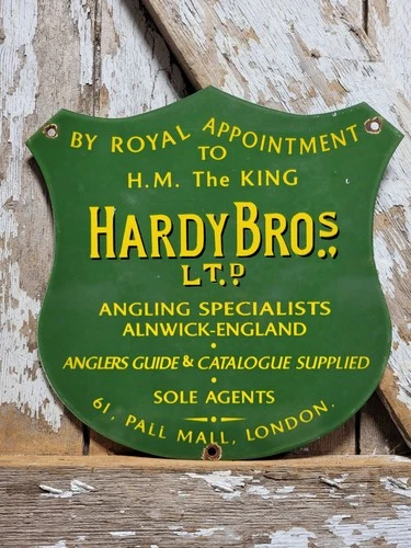 VINTAGE HARDY BROS PORCELAIN SIGN OLD ANGLING FLY FISHING ROD REELS TACKLE UK