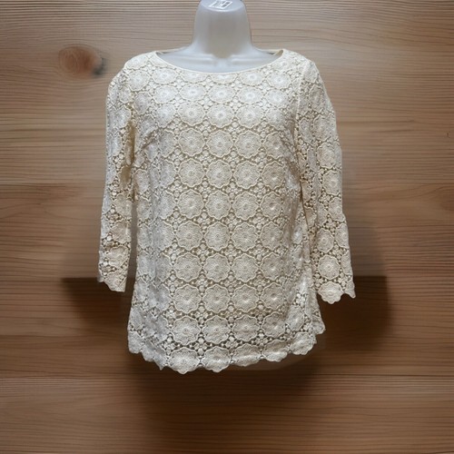 Talbots Women's Top Shirt Ivory Crochet Lace Lined 3/4 Sleeve Zip Size 8 Petite - Picture 2 of 10