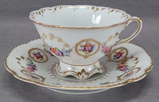 Dresden Hand Painted Floral & Gold Garlands Footed Tea Cup & Saucer G