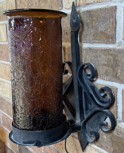 Vintage Set 3 Iron Wall 1970s Light Sconces Spanish Gothic Amber Crackle Glass - Picture 10 of 20