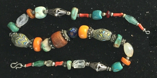 Antike Afrika Collier Kette Bernstein Koralle Türkis Achat Miniatur Perle Silber - Bild 2 von 9