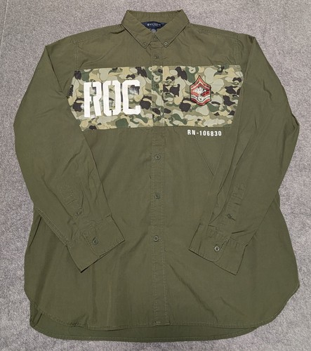 Rocawear Army Hemd Herren 2XL Grün Camouflage Bestickt Hip Hop Y2K Freizeit