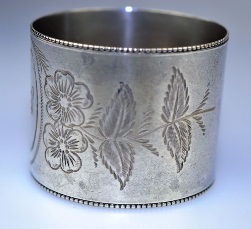 ANTIQUE WATROUS STERLING SILVER NAPKIN RING CPS MONO MILGRAIN & FLOWERS & LEAVES - Picture 2 of 6
