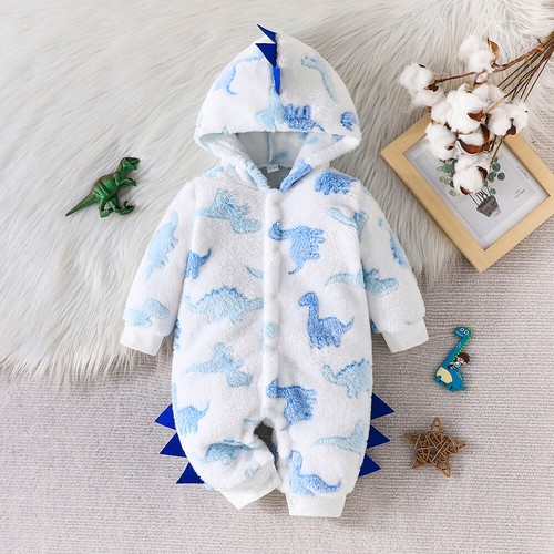 Winter Newborn Boys Baby Fleece Dinosaur Jumpsuit Hooded Romper Bodysuit Outfit - Picture 6 of 21