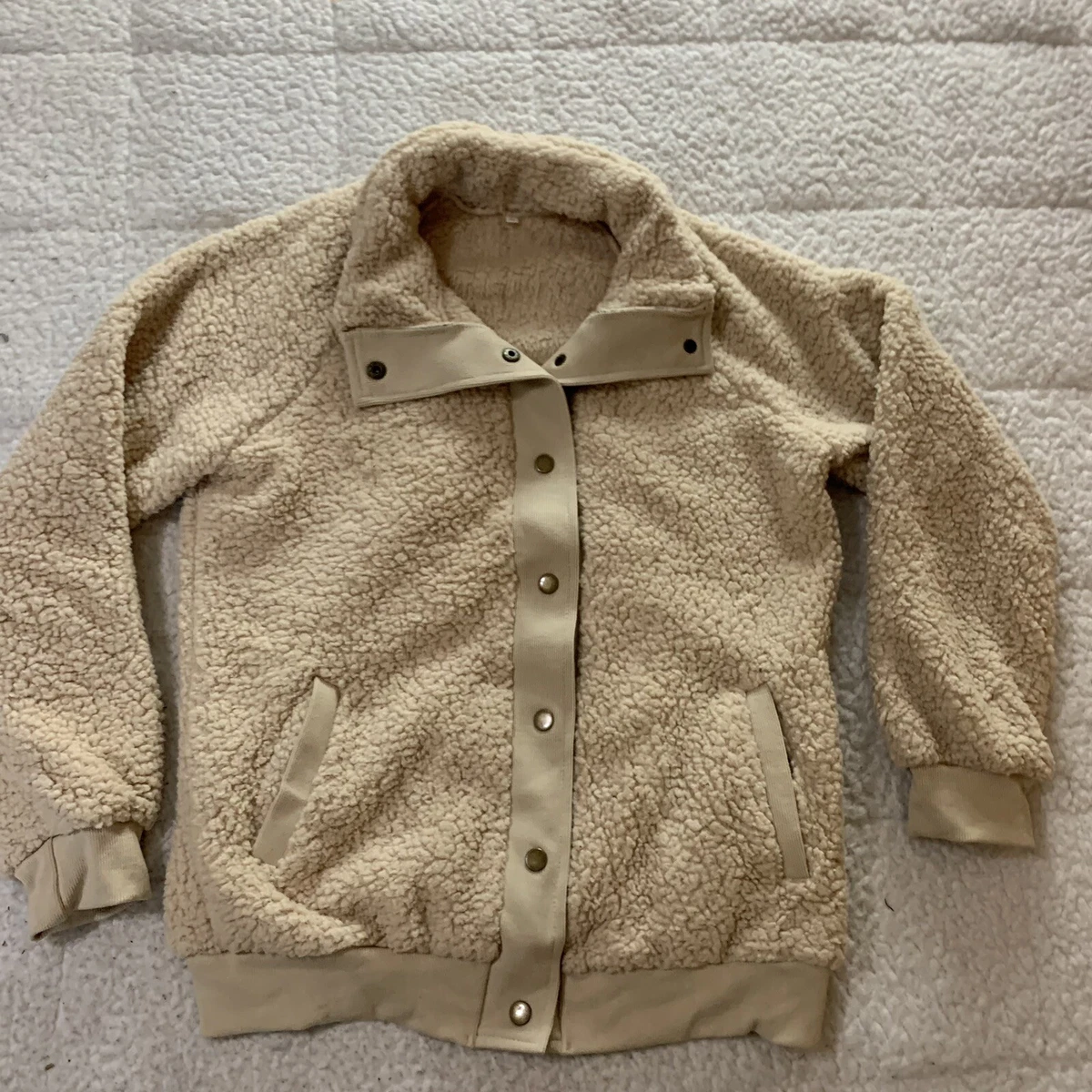Jacket Womens Small Beige Fuzzy Fleece Full Zip Mock Neck Sherpa Coat