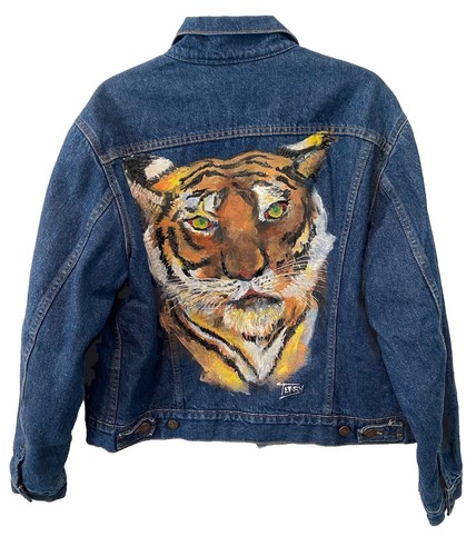 Vintage Levi's Blanket lined denim Jacket Handpainted Tiger Face Signed Sz 44 - Picture 10 of 10