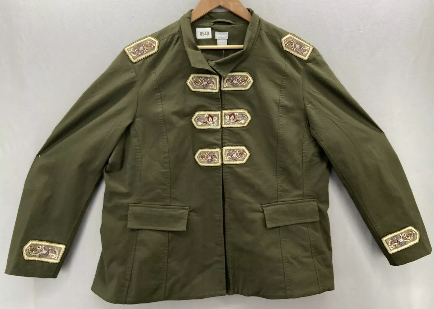 Women's Beaded and Embellished Band Jacket, Green/Ambered Olive, Size XXL by Chico's