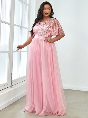 Women's Plus Size A-Line Short Sleeve Sequin Leaf Floor Length Evening Dresses - Picture 3 of 77