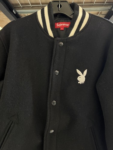 PRE OWNED SUPREME X PLAYBOY BLACK VARSITY JACKET SZ S SMALL 2011 RARE - Picture 3 of 15