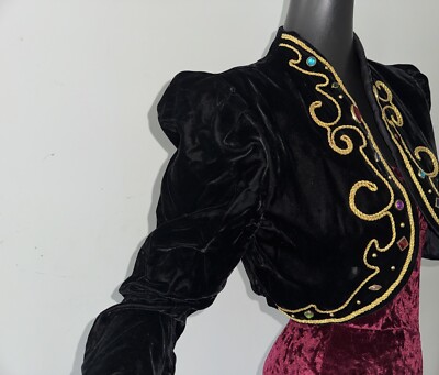 Vtg 80s Jeweled Black Velvet Dress Bolero Crop Jacket