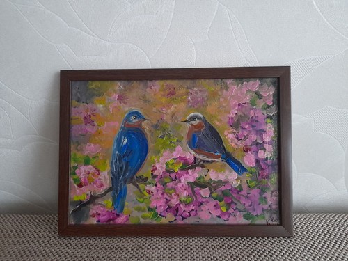 bright birds original oil painting, birds on blooming branch, birds wall art - Picture 17 of 20