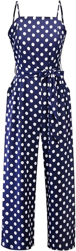 Women's Summer Spaghetti Straps Sash Polka Dot Wide Leg Palazzo Pants Jumpsuit - Picture 2 of 17