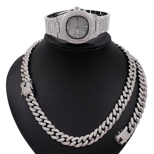 Iced Silver Plated Bling Metal Band Hip Hop WATCH & Cuban Bracelet & Necklace - Bild 1 von 4
