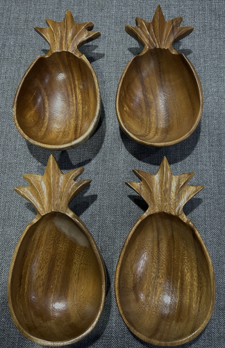 Vintage Pineapple MonkeyPod Wood Hand Carved Serving Bowl Set Of 4 - 9” long - Picture 3 of 11
