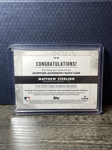 2022 Topps Inception #IAP-MV Matthew Vierling Autograph Patch Green #/99 - Picture 2 of 2