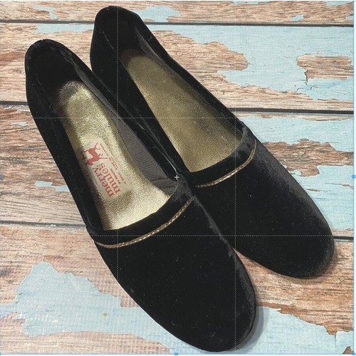 Zapatillas DE COLECCIÓN Terciopelo Negro Merry Mules 7.5 Estrechas por Beacon con Tubería Dorada - Imagen 10 de 10