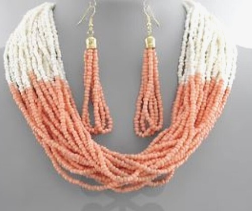 27 STRAND SEED BEAD NECKLACE  SET PEACH PEARL WHITE COWGIRL WESTERN NATIVE BOHO - Bild 1 von 3