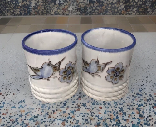 Vtg 2 Mexican Tonala/El Palomar Pottery Mug Blue Bird Coffee Mugs Signed TM 10oz
