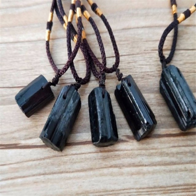 Women Men Black Natural Tourmaline Stone Pendant Necklace Crystal Gem Specimen