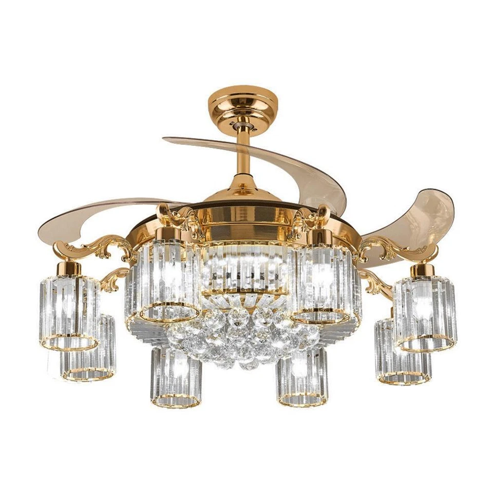 42" Luxury 8-Lights LED Crystal Chandelier Retractable Ceiling Fan Lamp w/Remote - Image 3 of 4