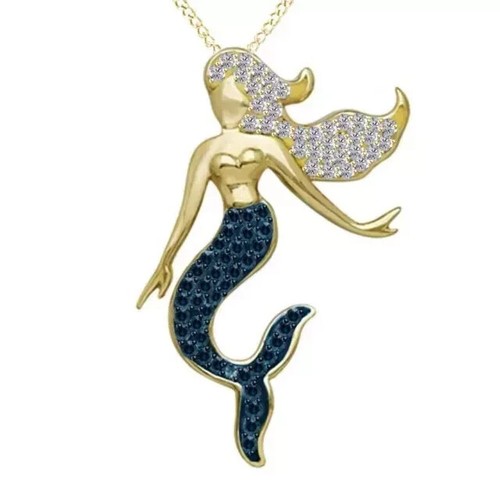 Colgante de sirena simulado de zafiro de corte redondo de 1 quilate de oro amarillo de 18"" de 14 quilates - Imagen 2 de 6