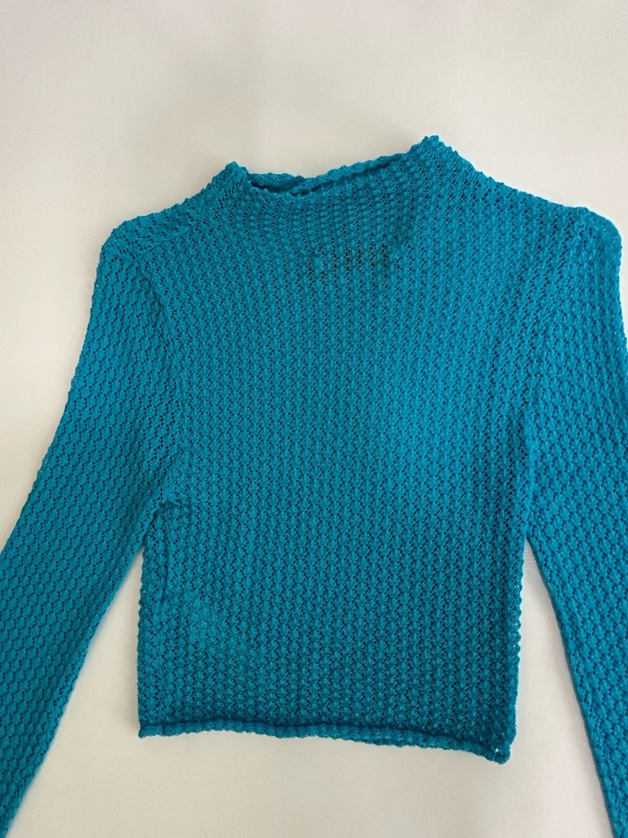ZARA NEW XS POINTELLE KNIT SWEATER STRETCHY AQUA MID-BLUE
