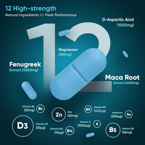 Testosterone booster 180Tablets - Maca Magnesium Zinc - Vitamin B12 Vitamin D3 - Picture 3 of 9