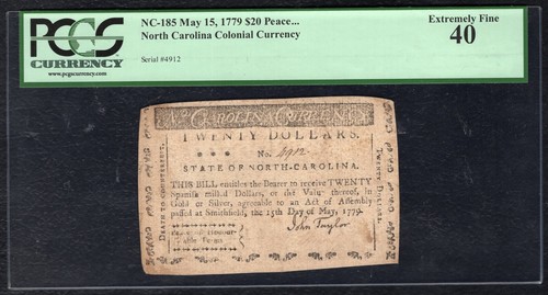 NC-185 MAY 15, 1779 $20 PEACE NORTH CAROLINA COLONIAL PCGS EXTREMELY FINE-40