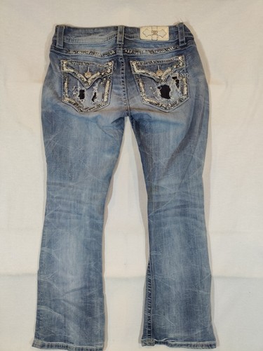 Miss Me Jeans Womens 29 Bootcut Signature Low Rise Distressed Pockets Denim Blue