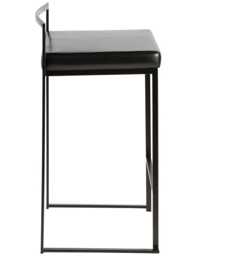 LumiSource Fuji Counter Stool Set of 2, Black Faux Leather Cushion, Black Frame - Picture 2 of 5