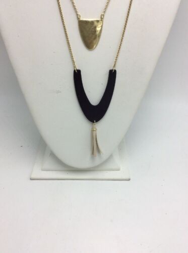 $39 LUCKY BRAND GOLD TONE BLACK LEATHER NECKLACE C73 - Picture 3 of 8